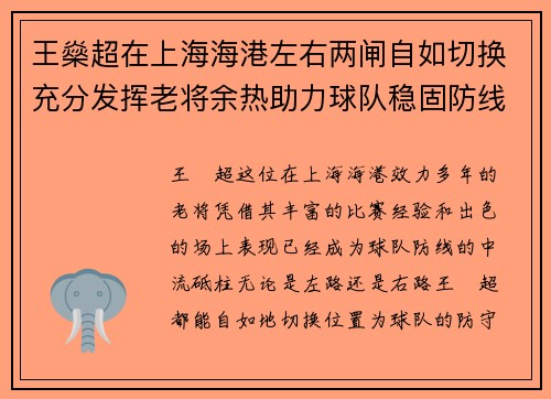 王燊超在上海海港左右两闸自如切换充分发挥老将余热助力球队稳固防线
